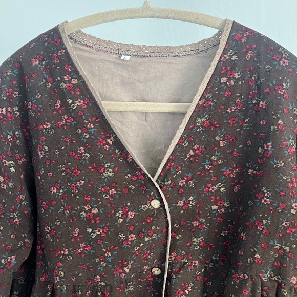 Brown & Rose Floral Button Up Layered Shirt Blouse Top lace BOHO cotton size L - Picture 3 of 6